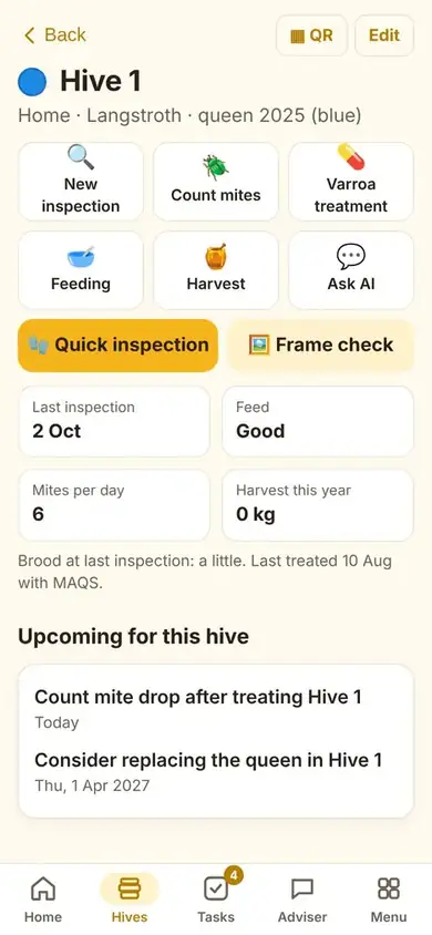 A hive with inspections in Beezyhives on a phone