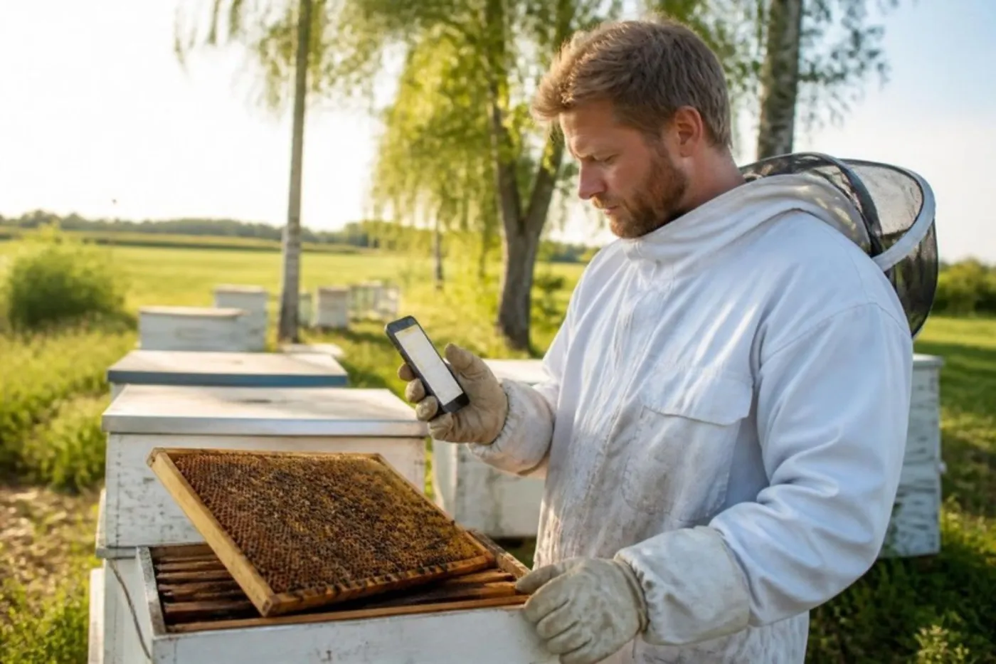 Beekeeper in a bee suit looking at Beezyhives on a phone next to an open hive