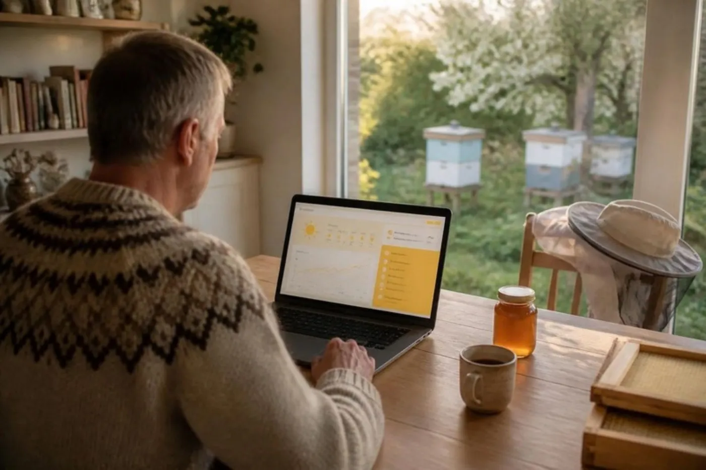 Beekeeper at the kitchen table with Beezyhives open on a laptop