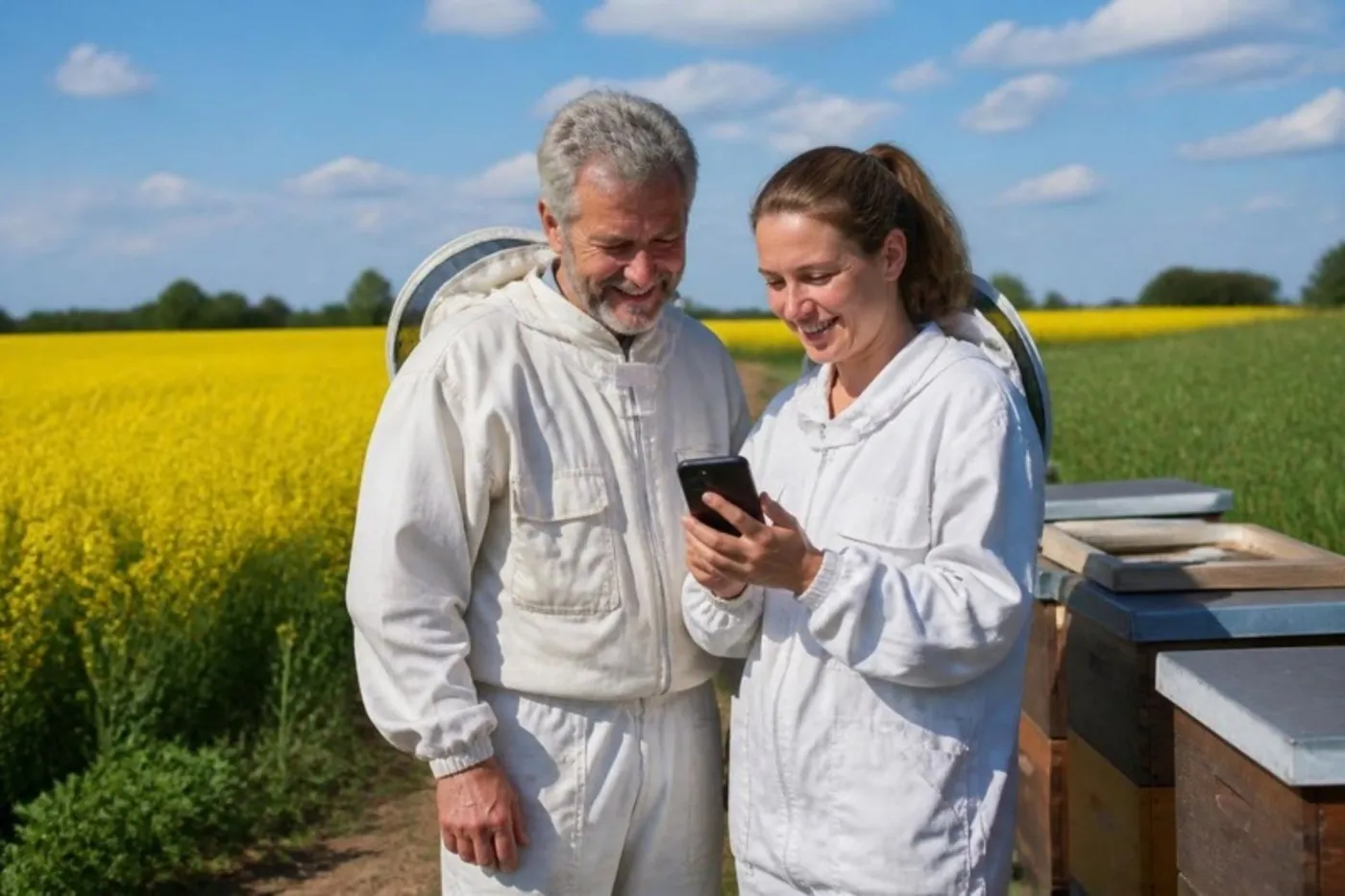 Two beekeepers by a rapeseed field looking at Beezyhives on a phone together
